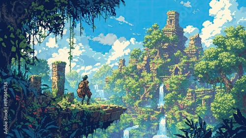 A vibrant pixel art landscape depicting a lush jungle, reminiscent of classic platformers, with hidden temples and waterfalls , super detailed photo