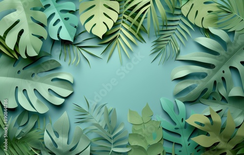 Paper Tropical Leaf Arrangement on Teal Background