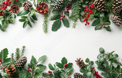 Festive Christmas Garland With Pine Cones, Holly, and Poinsettia on White Bac...