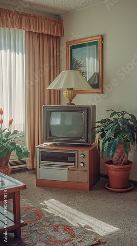 A charming vintage living room featuring a retro TV, house plants, and classic decor elements creating a nostalgic atmosphere. photo