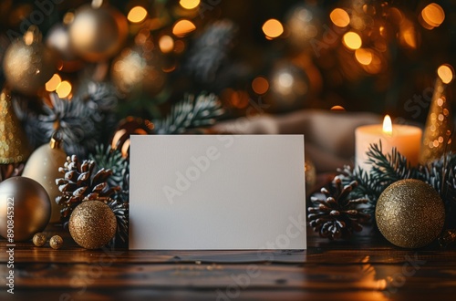 Festive Christmas Decorations With Burning Candle and Blank Card on Rustic Wo...