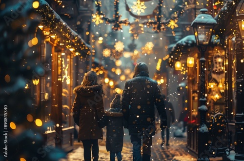 Family Walking Through Snowy European Christmas Market at Night