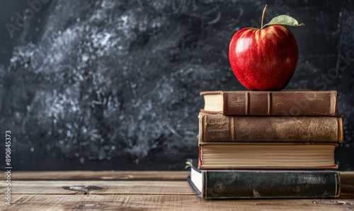 Stack of Books With Red Apple in Front of Chalkboard