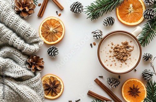 Winter Holiday Beverage With Knitted Blanket, Cinnamon Sticks, and Orange Slices
