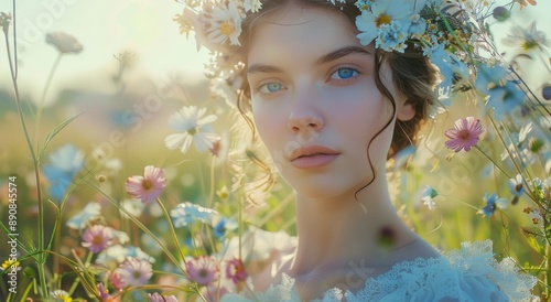 Young Woman With Flower Crown in a Field of Daisies on a Sunny Day
