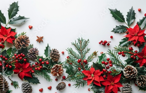 Festive Christmas Garland With Pine Cones, Holly, and Poinsettia on White Bac...