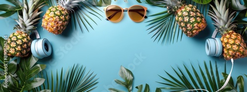 Summer Vacation Essentials On Blue Background
