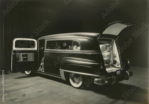 Black Hearse With Open Doors and a Coffin Inside photo