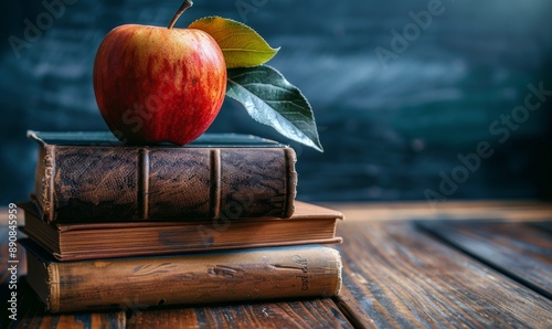 A Red Apple Rests Atop a Stack of Vintage Books Against a Blue Background