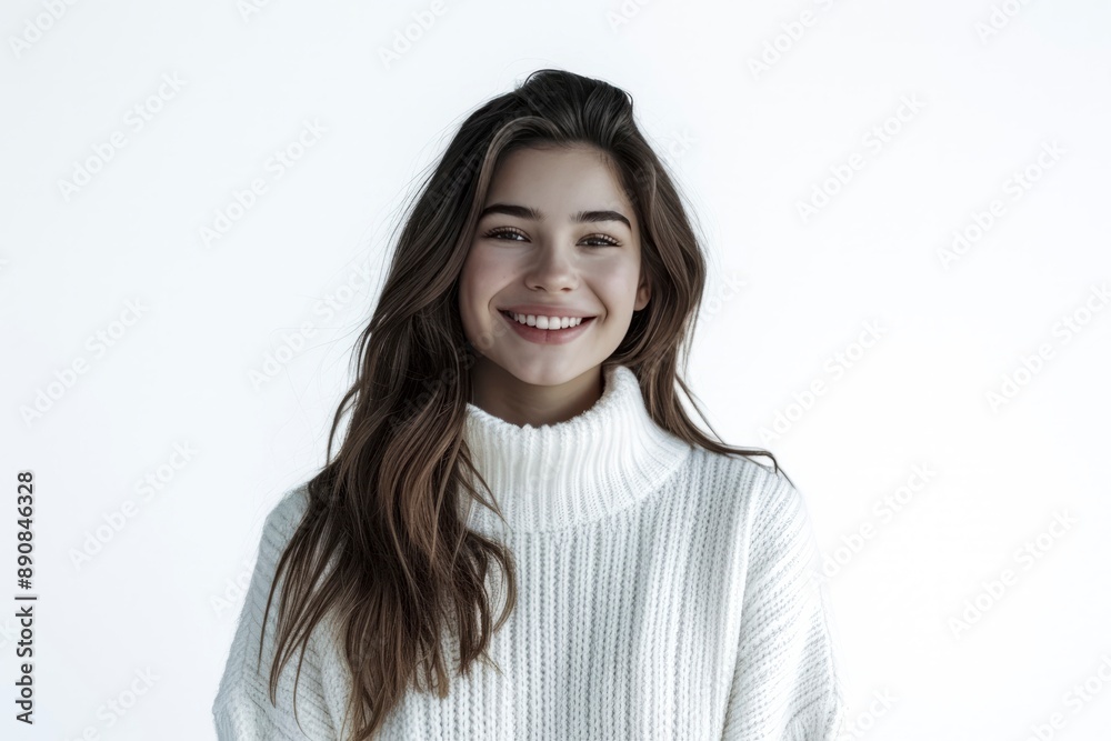 Smiling woman in white turtleneck sweater against a white background. Studio portrait photography. Winter fashion and cozy concept Smiling woman in white turtleneck sweater against a white background. Studio portrait photography. Winter fashion and cozy concept