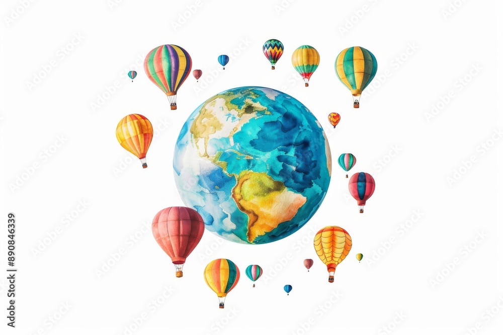 A whimsical depiction of planet Earth, with colorful hot air balloons floating above, inspiring a sense of adventure and exploration. A whimsical depiction of planet Earth, with colorful hot air balloons floating above, inspiring a sense of adventure and exploration.