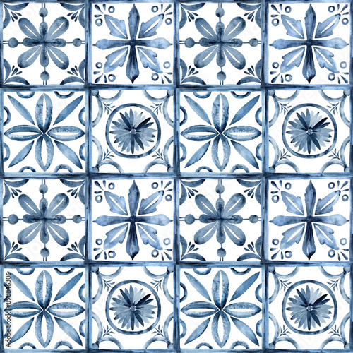 pattern  ceramic tiles . Design in blue and white colors watercolor .
