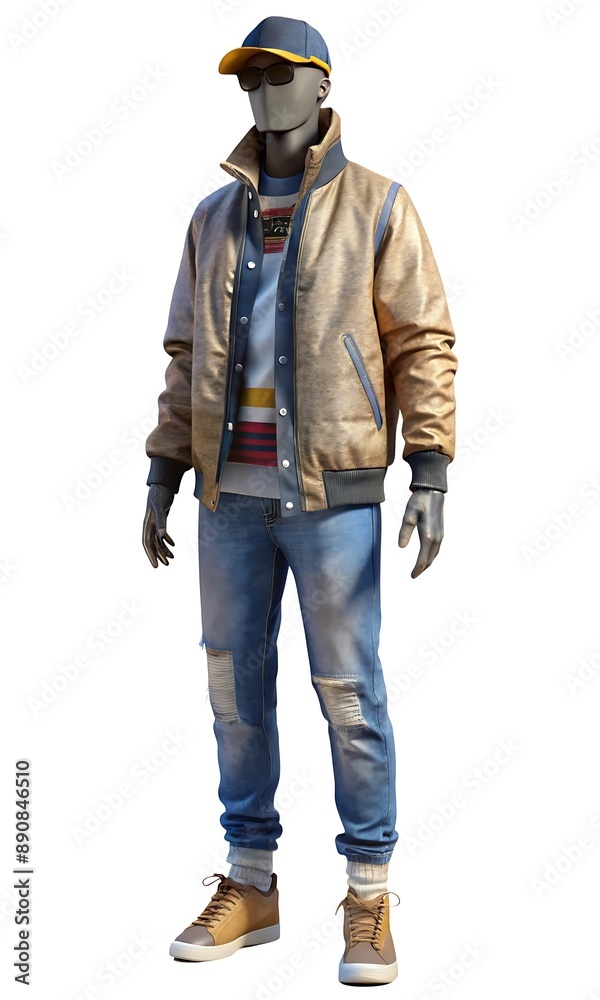 Graphic tee, bomber jacket, distressed jeans, high-top sneakers, beanie, shades on mannequin Graphic tee, bomber jacket, distressed jeans, high-top sneakers, beanie, shades on mannequin