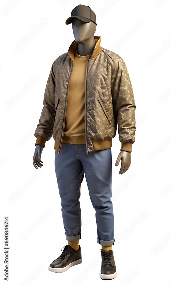 Graphic tee, bomber jacket, distressed jeans, and beanie on mannequin Graphic tee, bomber jacket, distressed jeans, and beanie on mannequin