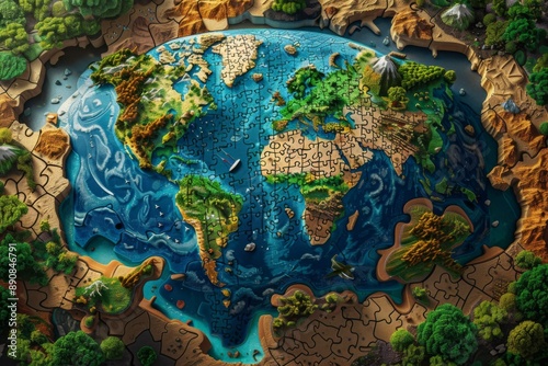 A whimsical illustration of planet Earth as a giant puzzle, with each piece representing a different aspect of the environment. 