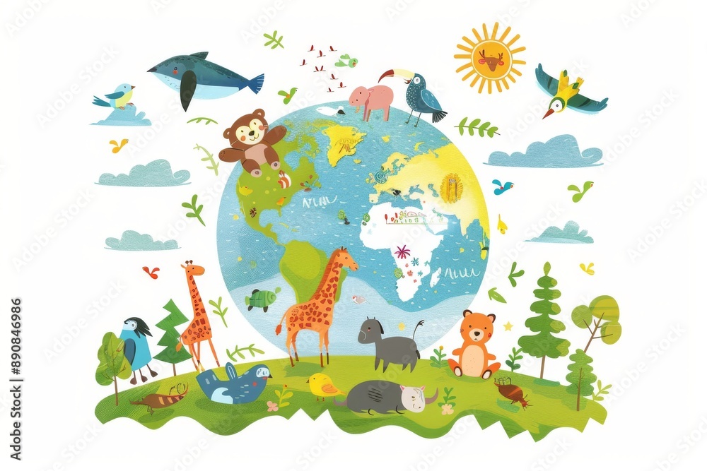 A whimsical illustration of planet Earth with smiling animals and birds living harmoniously in their natural habitats. A whimsical illustration of planet Earth with smiling animals and birds living harmoniously in their natural habitats.