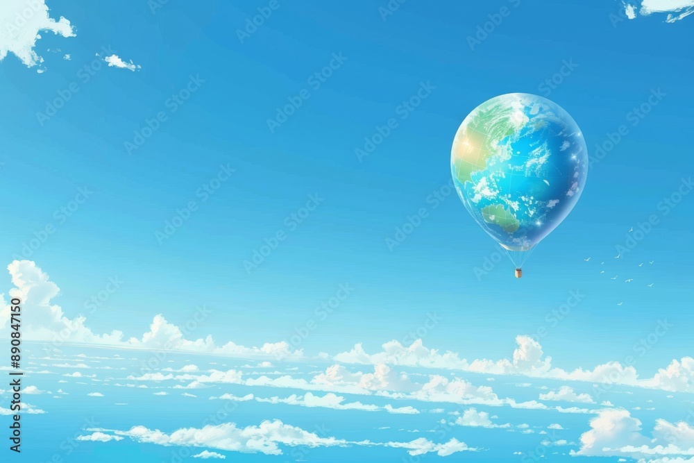 A whimsical image of Earth as a hot air balloon, floating peacefully in a clear blue sky, representing the freedom and beauty of nature. A whimsical image of Earth as a hot air balloon, floating peacefully in a clear blue sky, representing the freedom and beauty of nature.