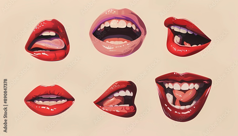 Collection of red lips in different positions, featuring an open mouth with tongue out and smiling teeth, isolated on a white background. Collection of red lips in different positions, featuring an open mouth with tongue out and smiling teeth, isolated on a white background.