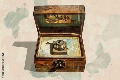 A worn music box with a broken crank and a faded picture on the lid, evoking a sense of nostalgia and forgotten melodies. The intricate details and rusty hue tell a story of years gone by. photo