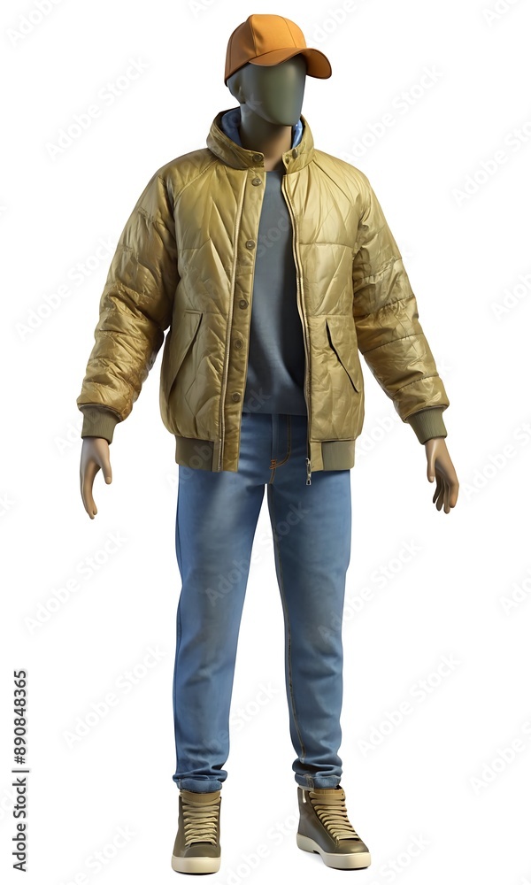 Mannequin in graphic tee, bomber jacket, ripped jeans, high-top sneakers, beanie, shades Mannequin in graphic tee, bomber jacket, ripped jeans, high-top sneakers, beanie, shades