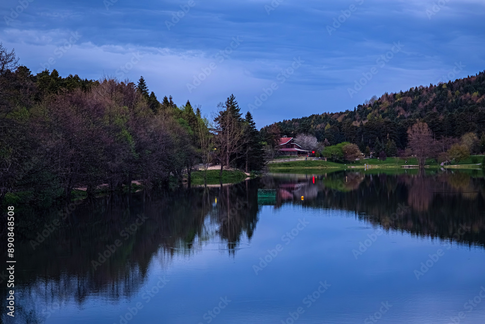 Fototapeta premium Serene Lake Retreat with Rustic Wooden House and Lush Foliage. Bolu, Turkey
