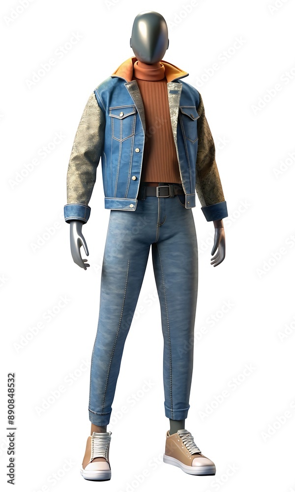 Full mannequin with retro tee, jeans, jacket, sneakers, aviators Full mannequin with retro tee, jeans, jacket, sneakers, aviators