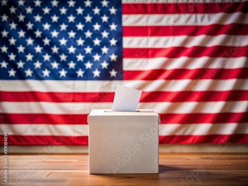 Empty ballot box on a table with a American flag in the background, waiting for citizens to cast their votes on election day. photo