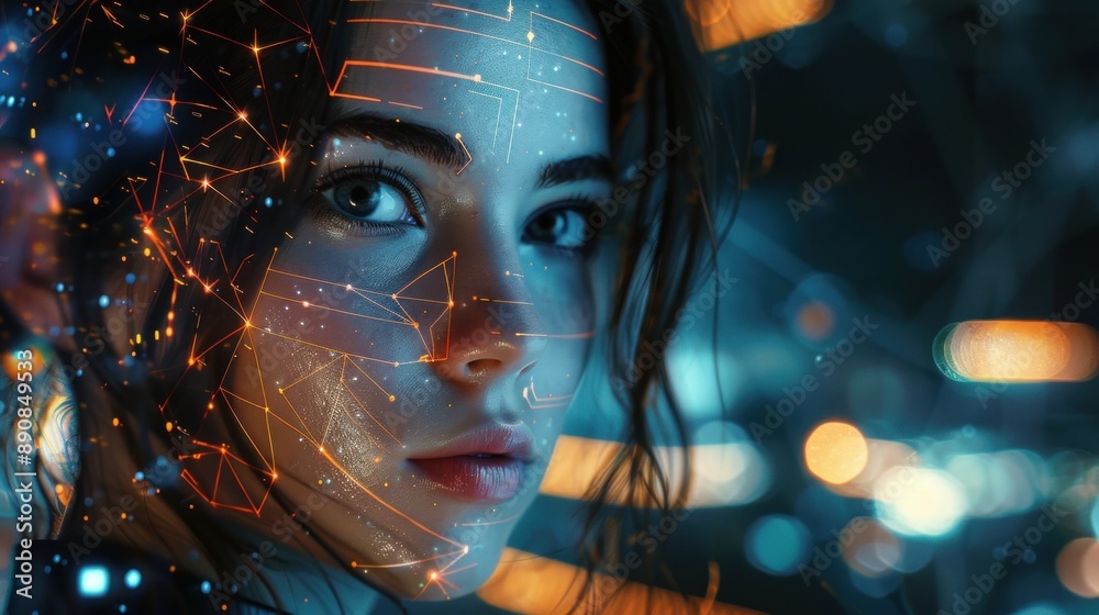 A computer-generated portrait of a woman that represents her metamorphosing into a virtual human, virtual character, or digital clone. Artificial intelligence, or AI A computer-generated portrait of a woman that represents her metamorphosing into a virtual human, virtual character, or digital clone. Artificial intelligence, or AI