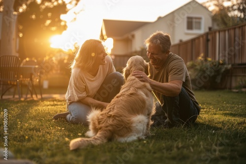 Happy family playing with their dog in a backyard