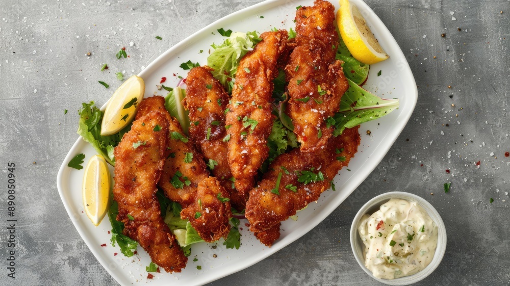 Crispy fried chicken tenders with lemon and dipping sauce on white platter