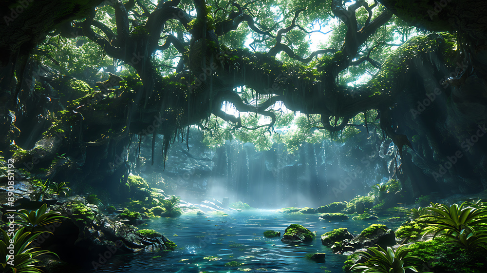 Enchanted Forest with Sunbeams Through Ancient Trees Enchanted Forest with Sunbeams Through Ancient Trees