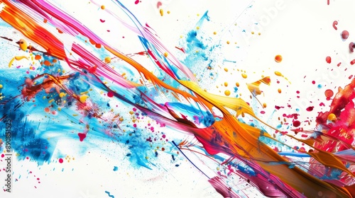 A vivid explosion of flowing colors like blue, orange, and pink with splashes, creating dynamic energy and movement. photo