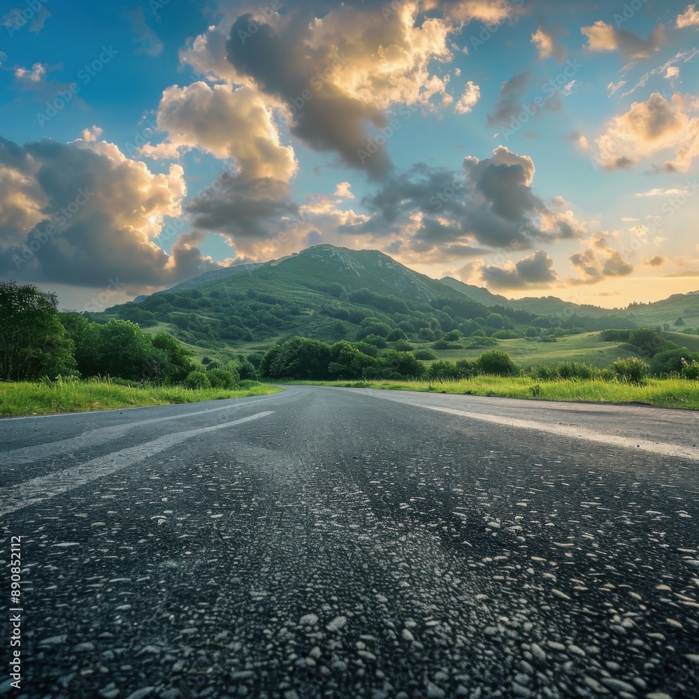 A road with a mountain in the background. The sky is cloudy and the sun is setting A road with a mountain in the background. The sky is cloudy and the sun is setting