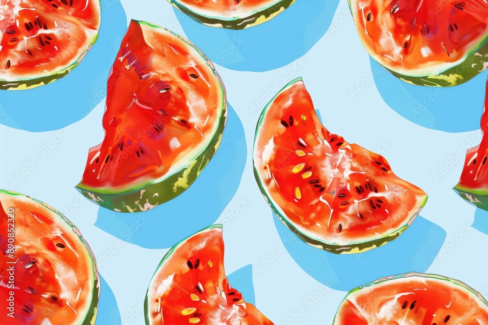 Watermelon sliced illustrated seamless pattern. Healthy eating concept background Watermelon sliced illustrated seamless pattern. Healthy eating concept background