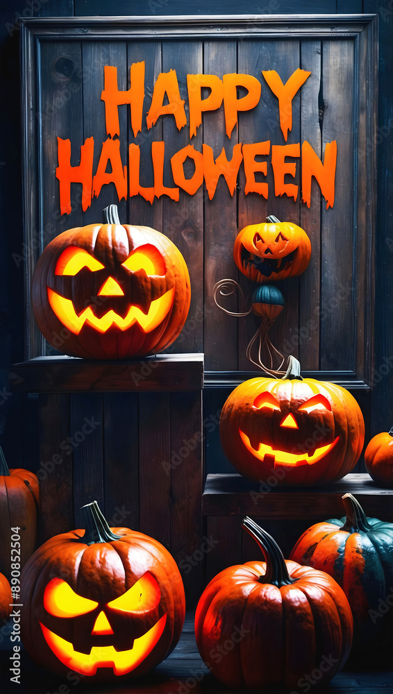 Text Happy Halloween, scary carved glowing pumpkins, festive background, jack-o-lantern, October 31. holiday, poster, template