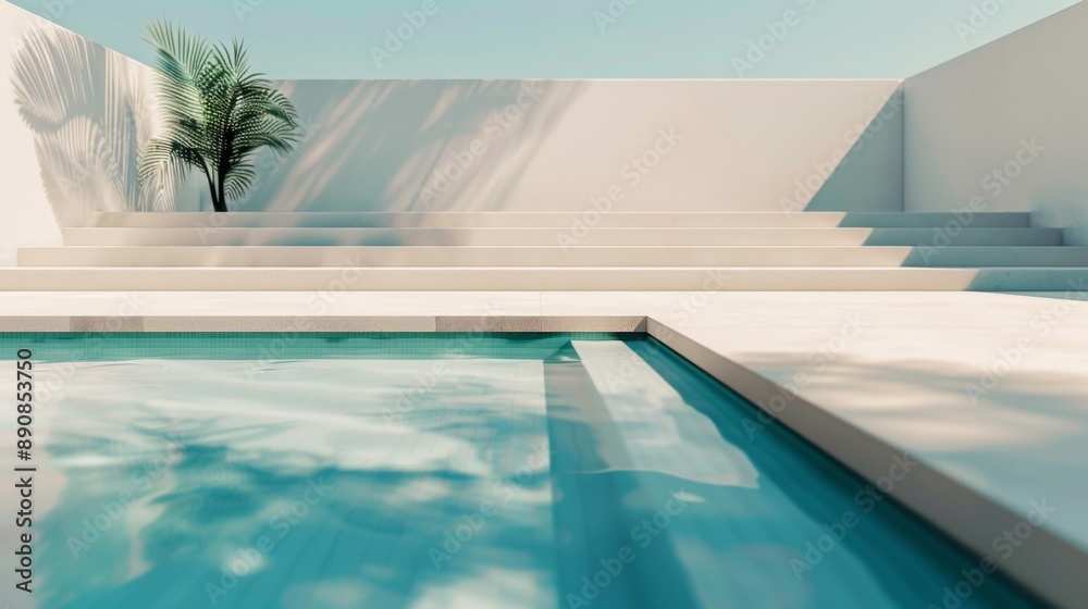 Fototapeta premium A pool with a palm tree in the foreground and a white wall behind it