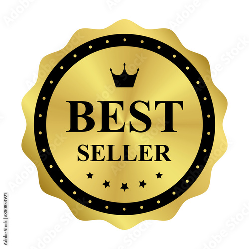 Gold award, medal with crown and stars. Round metallic effect sticker Best Seller isolated on transparent background. Vector illustration EPS10