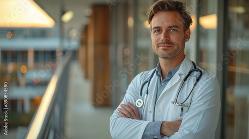 A confident male doctor standing in front of the hospital's balcony