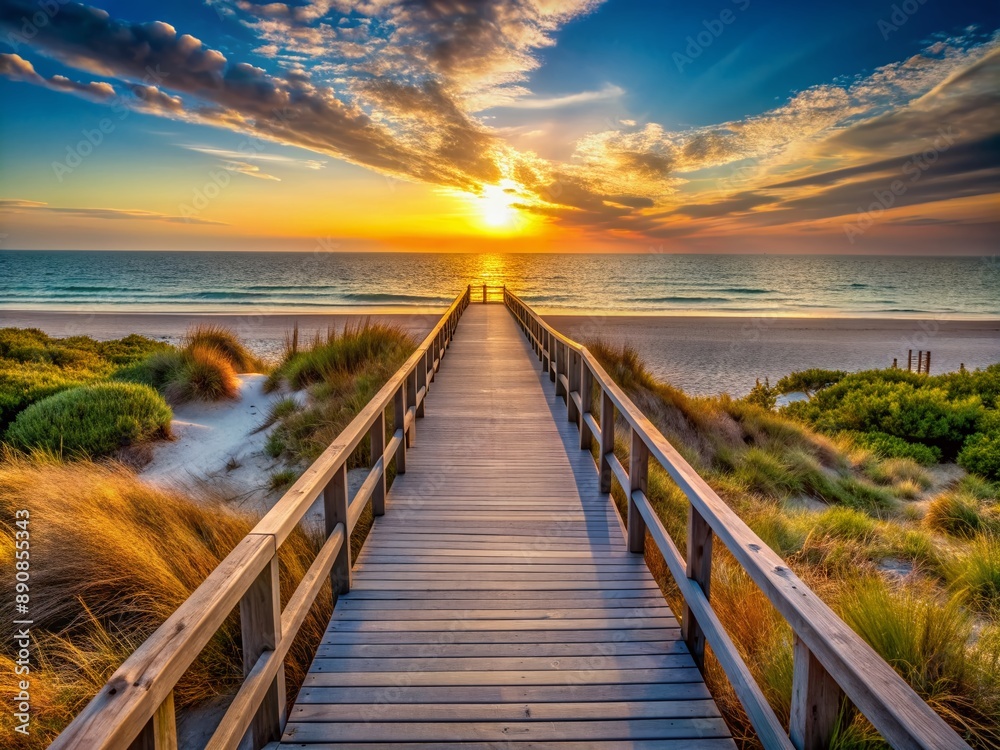 Fototapeta premium Serene long boardwalk stretches towards the horizon, flanked by sparse shrubs, terminating at a pristine white sand beach, kissed by warm sunset hues and calm ocean waters.