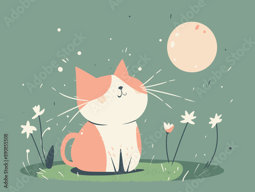 Cute cat sitting on the grass with flowers. Vector illustration.