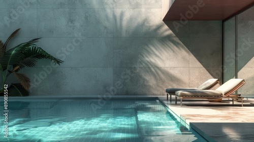 A pool with two lounge chairs on the side