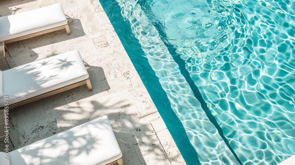 Obraz premium A pool with a white deck and a row of white lounge chairs