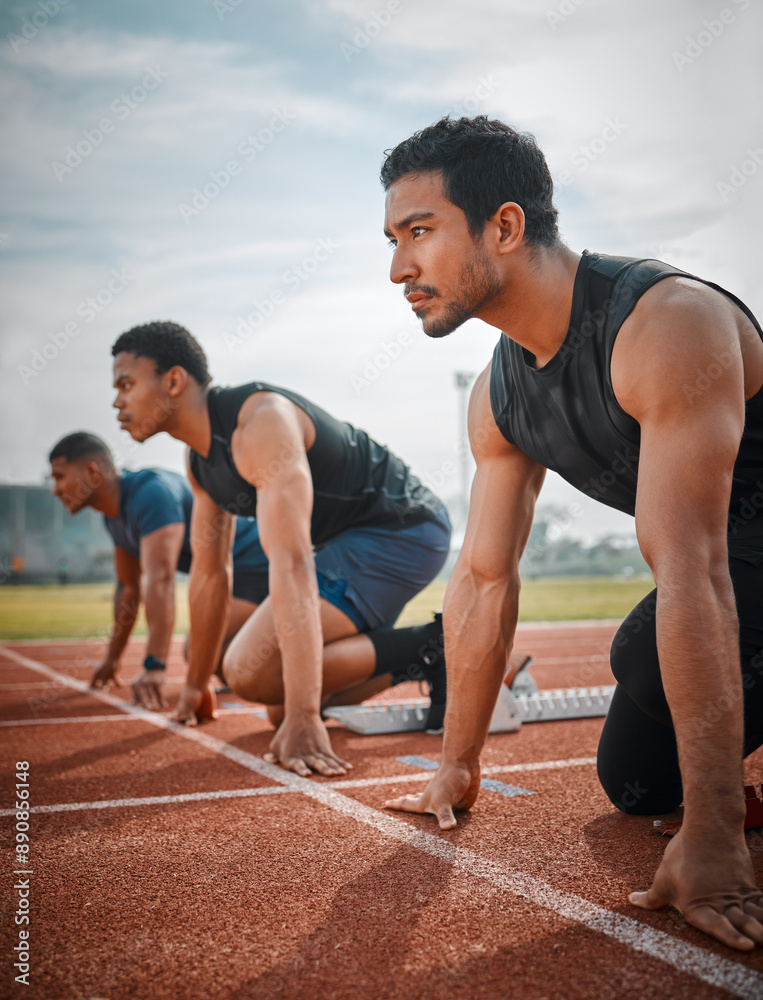 Race, challenge and men at track start for speed exercise, marathon event and professional sports at arena. Ready, set and people at stadium for competition, fitness and athlete mindset for running Race, challenge and men at track start for speed exercise, marathon event and professional sports at arena. Ready, set and people at stadium for competition, fitness and athlete mindset for running