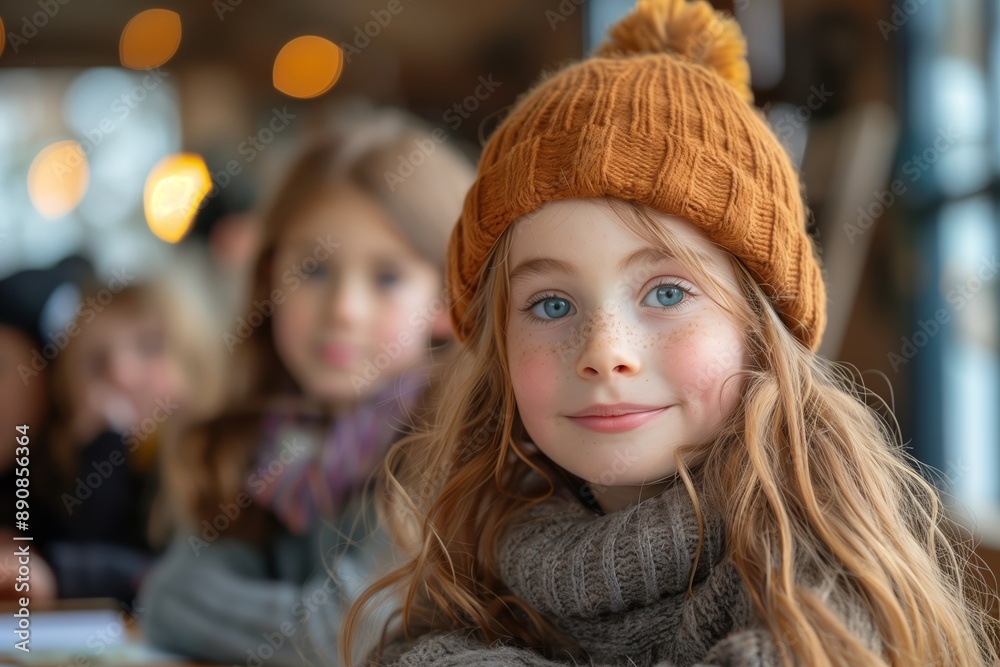 Young Girl Wearing Orange Knit Hat and Grey Sweater Inside Cafe Young Girl Wearing Orange Knit Hat and Grey Sweater Inside Cafe