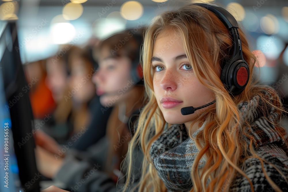 Young Woman Wearing Headphones Looks Directly at Camera During Online Gaming Session