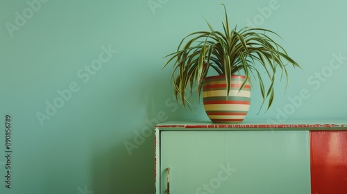 A charming setting of a striped pot holding a spider plant against a teal background, embodying minimalist yet quirky contemporary design. photo