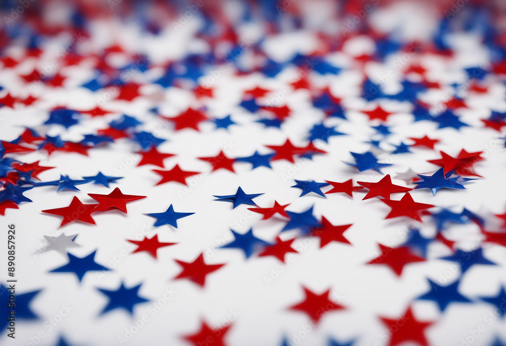 A patriotic array of scattered red white and blue stars on a clean white backdrop A patriotic array of scattered red white and blue stars on a clean white backdrop