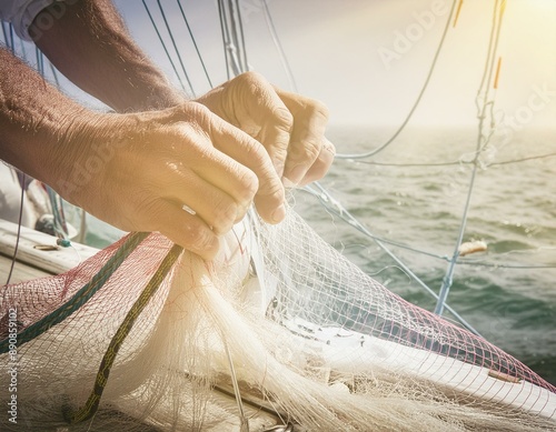 Manos de hombre de pesca y limpiando peces y la red de camarones 