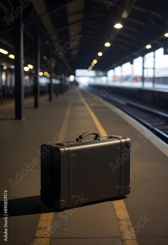 A modern black suitcase placed on a train station platform . The platform is empty with wooden benches visible in the background. The scene is dimly lit , with a blurred view of the train tracks leadi