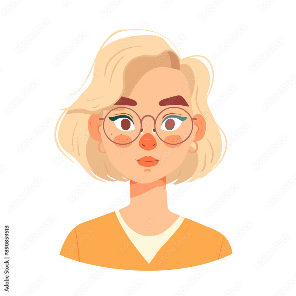 A cartoon girl with glasses and a nose piercing. She has a serious look on her face. The girl is wearing an orange shirt A cartoon girl with glasses and a nose piercing. She has a serious look on her face. The girl is wearing an orange shirt